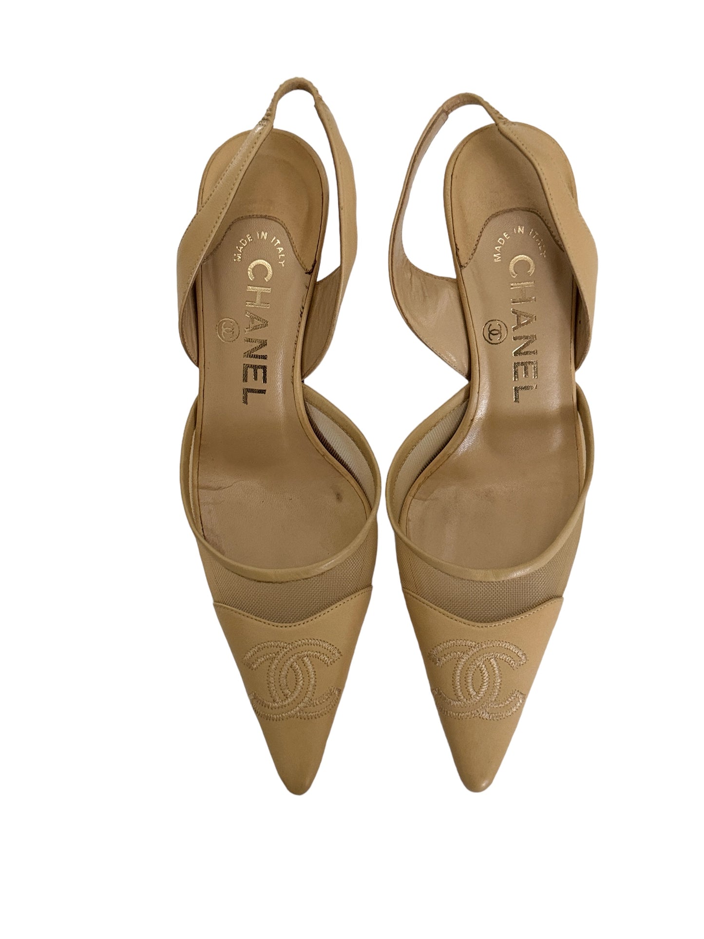 CHANEL BEIGE MESH LOGO SLINGBACK HEELS IT 34.5C