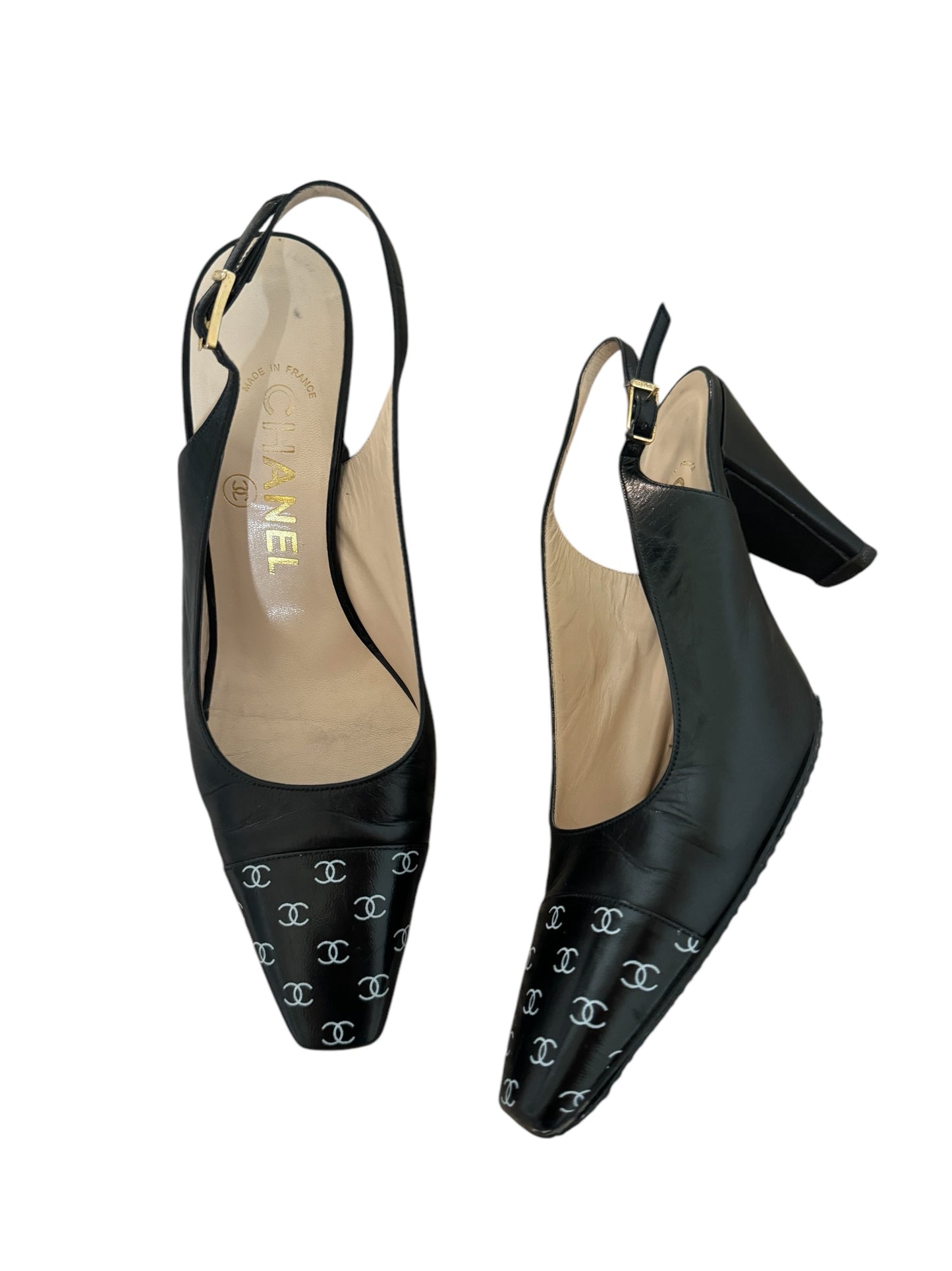 CHANEL BLACK CC LOGO HEELS 35