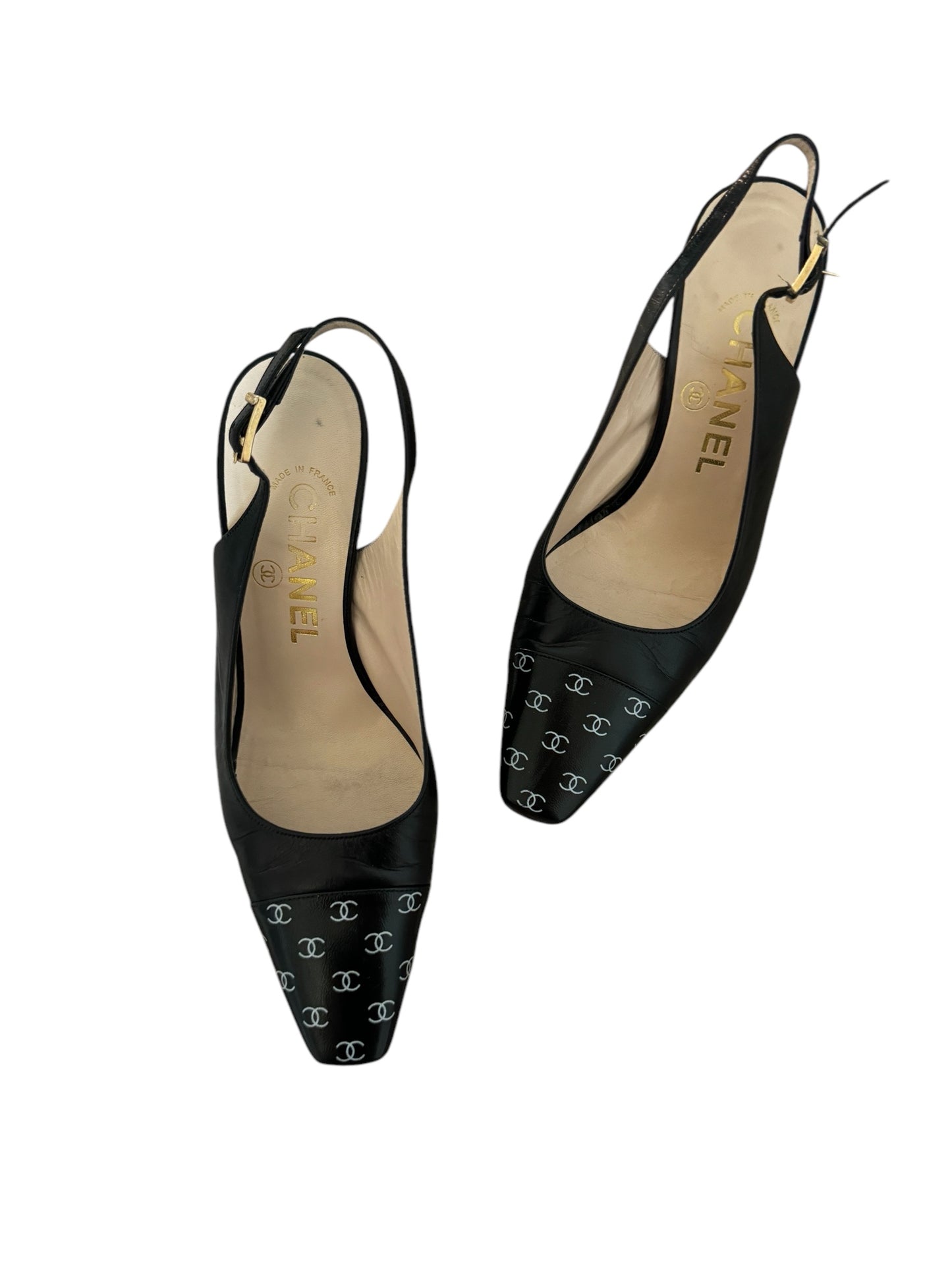 CHANEL BLACK CC LOGO HEELS 35