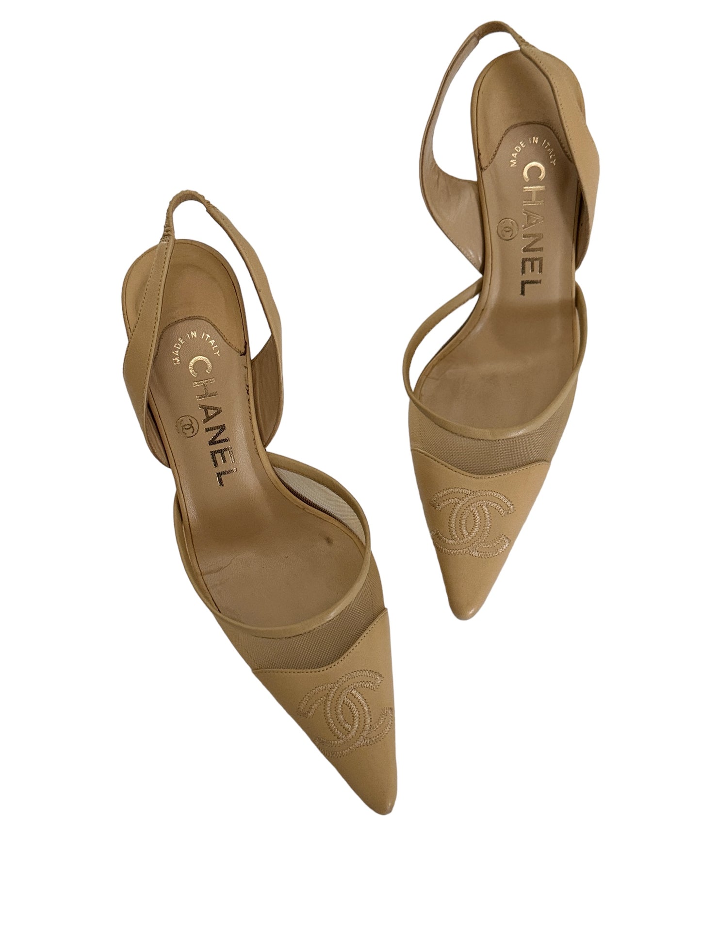 CHANEL BEIGE MESH LOGO SLINGBACK HEELS IT 34.5C