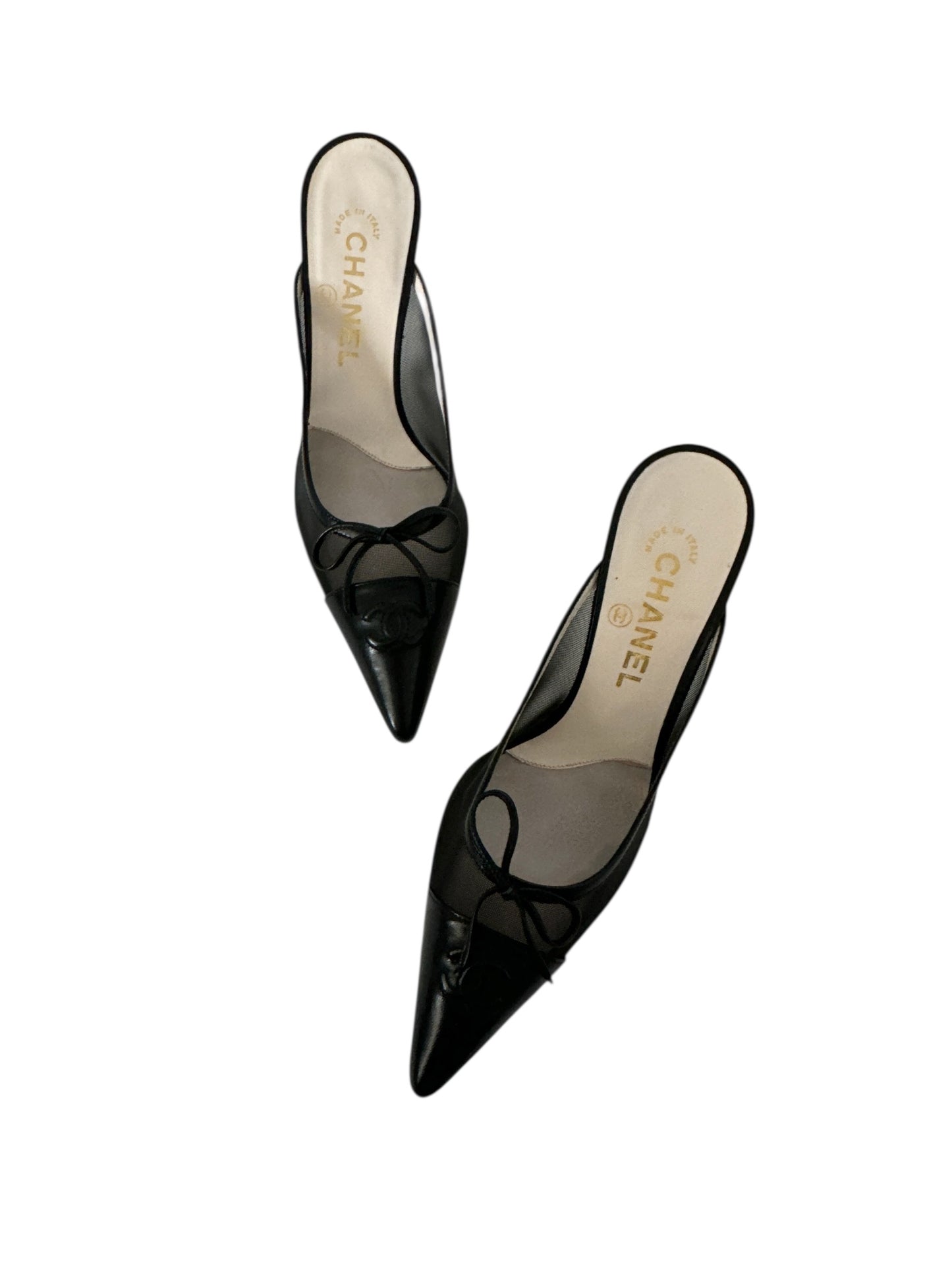 CHANEL “CC” Black MESH MULE HEELS IT 37
