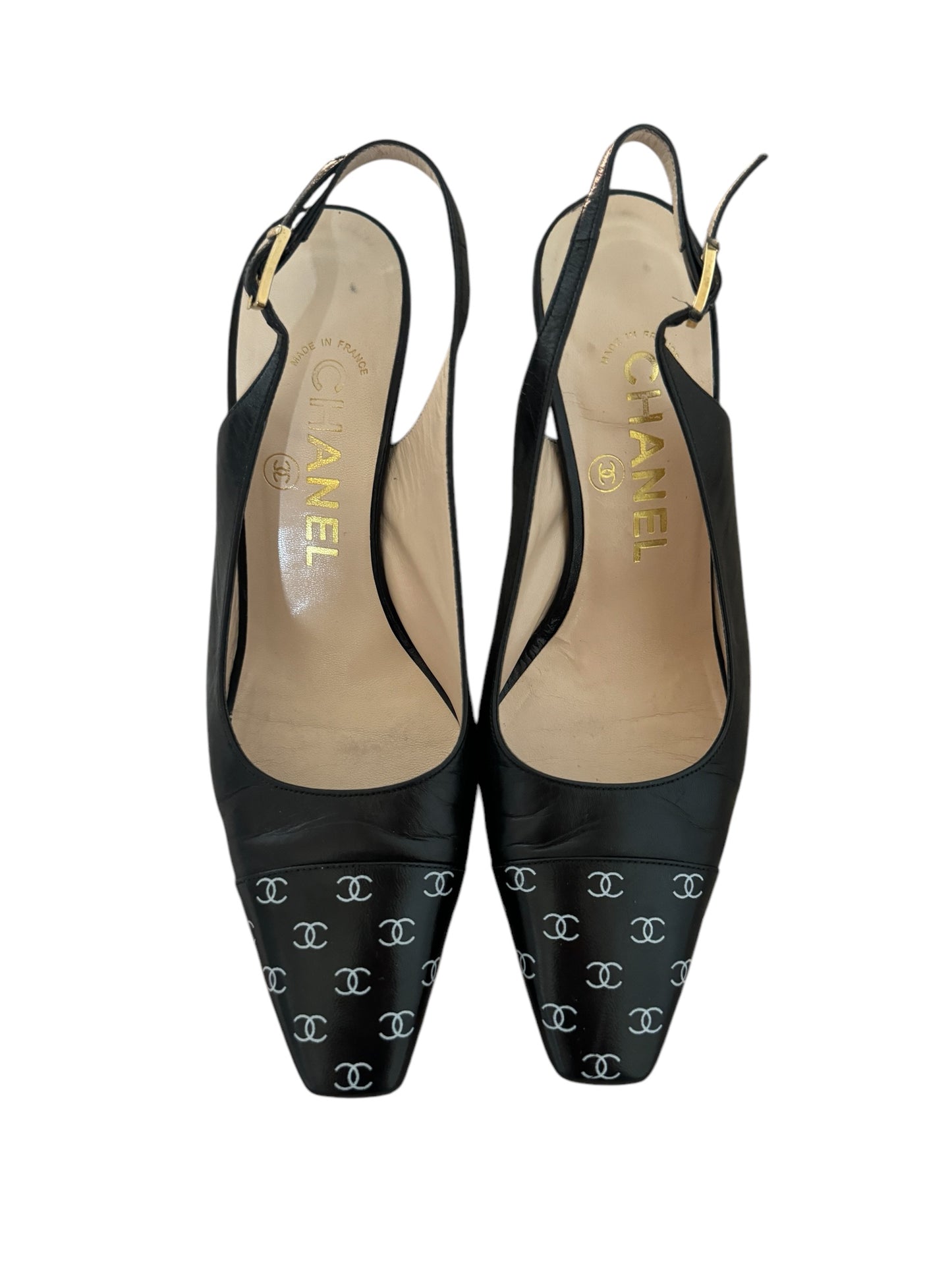CHANEL BLACK CC LOGO HEELS 35