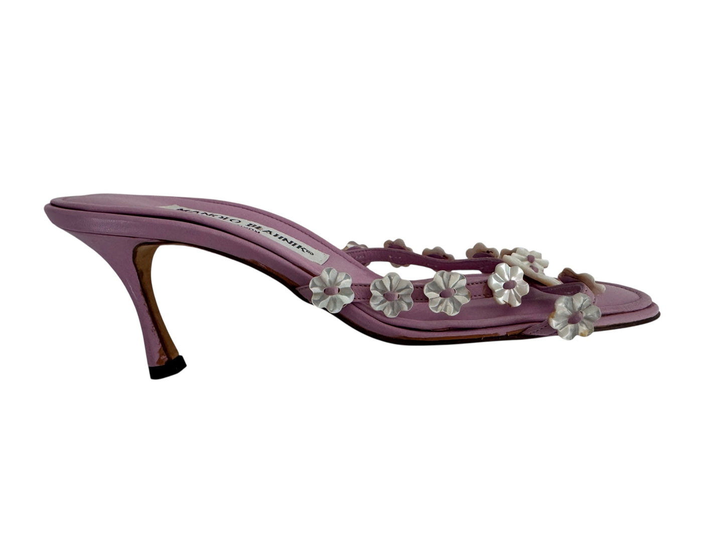 MANOLO BLAHNIK MOTHER OF PEARL FLOWER HEELS 35 IT
