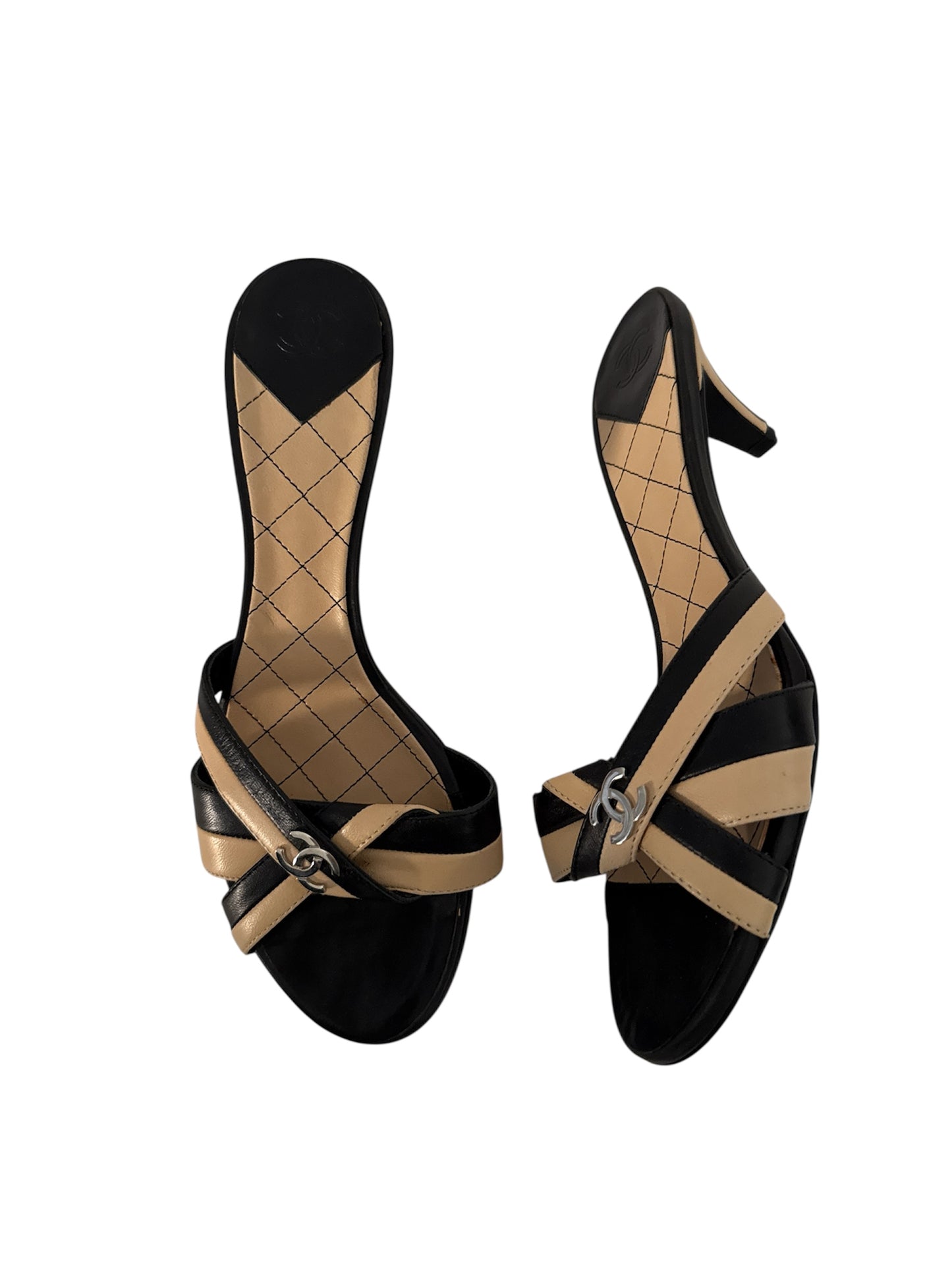 CHANEL BLACK AND NUDE CROSS-STRAP KITTEN HEELS IT 36.5