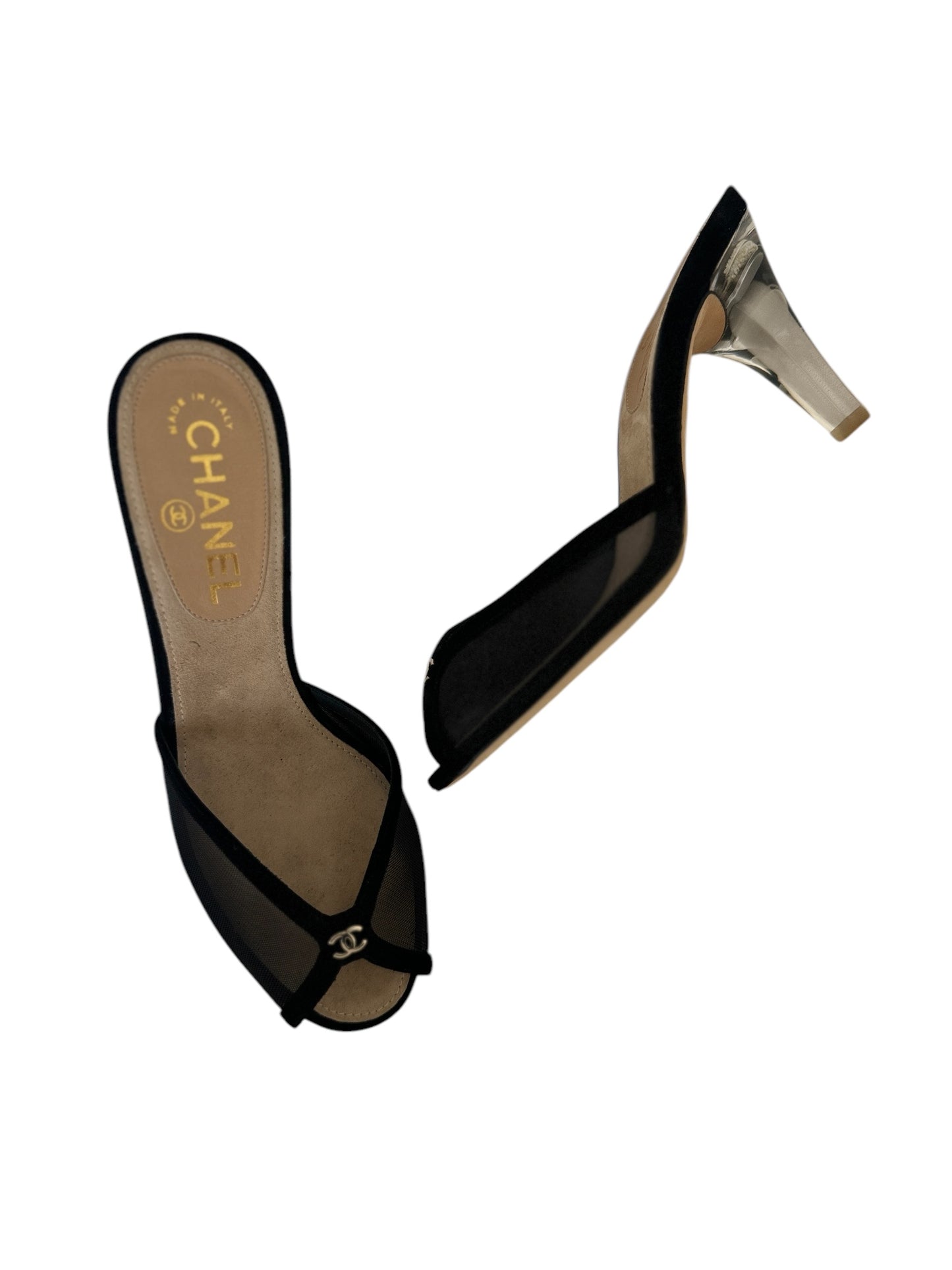 CHANEL MESH PEEP TOE HEELS IT 37.5C
