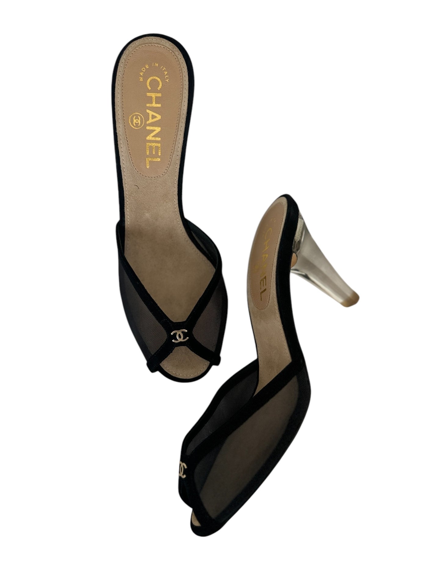 CHANEL MESH PEEP TOE HEELS IT 37.5C