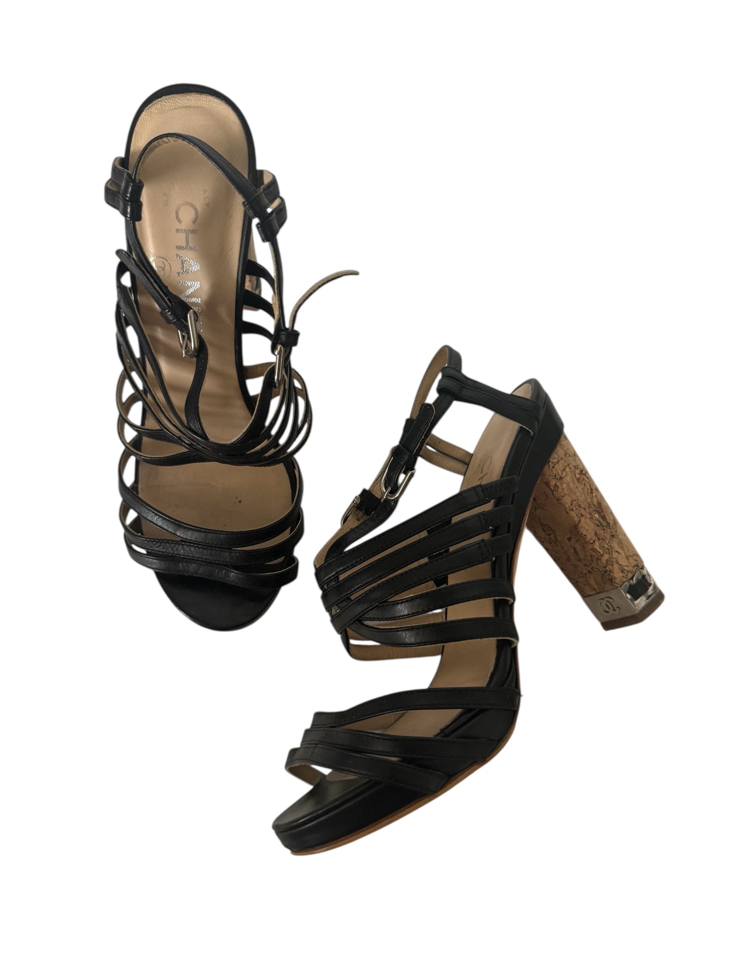 CHANEL LEATHER CORK CHAIN EMBELLISHED HEELS