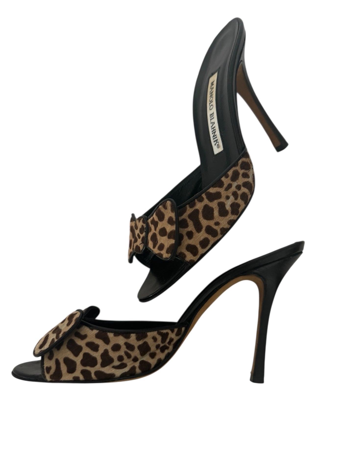 MANOLO BLAHNIK LEOPARD BOW SLIDES IT 37