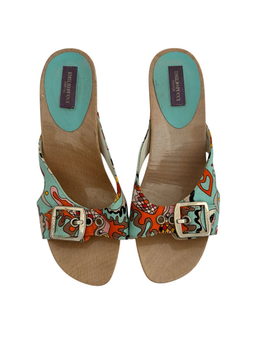 EMILIO PUCCI PRINTED CANVAS WOODEN SANDALS 37
