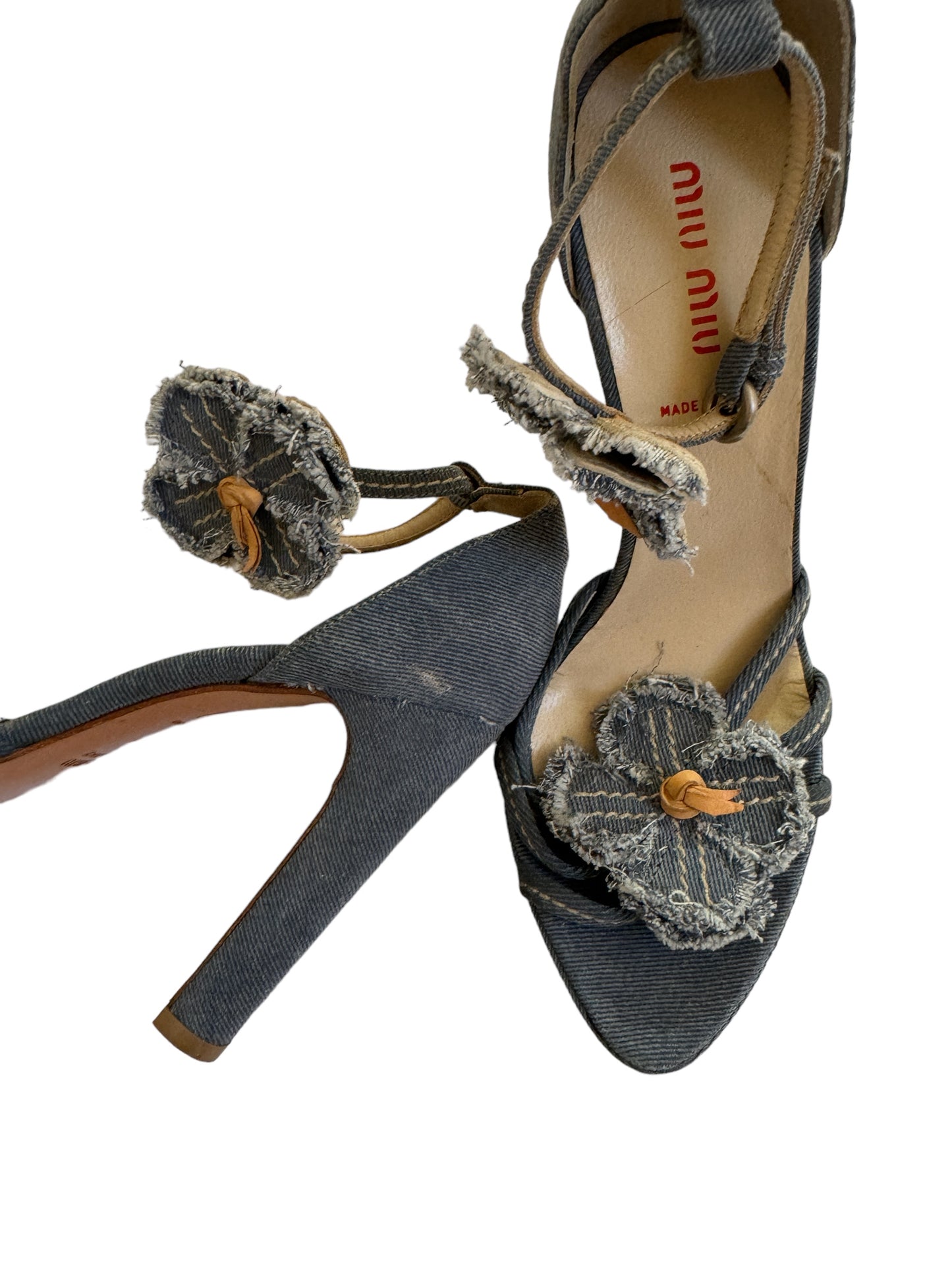 MIU MIU DENIM FLOWER HEELS IT 36.5