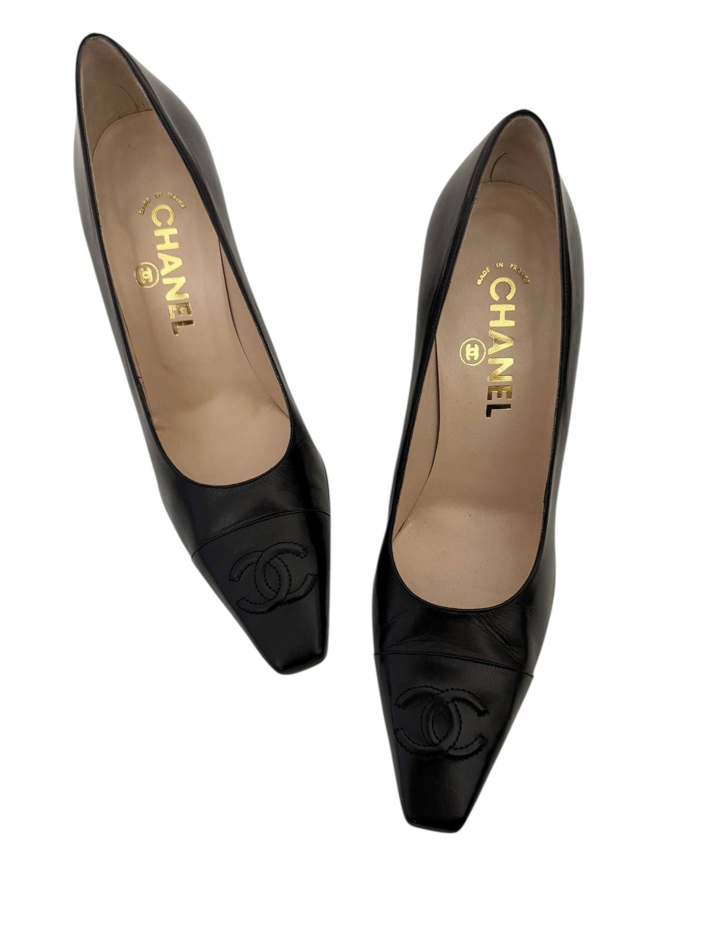 CHANEL BLACK LOGO BLOCK HEELS IT 40