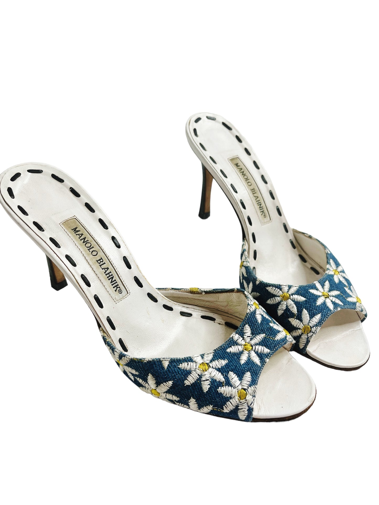 MANOLO BLAHNIK DENIM DAISY HEELS