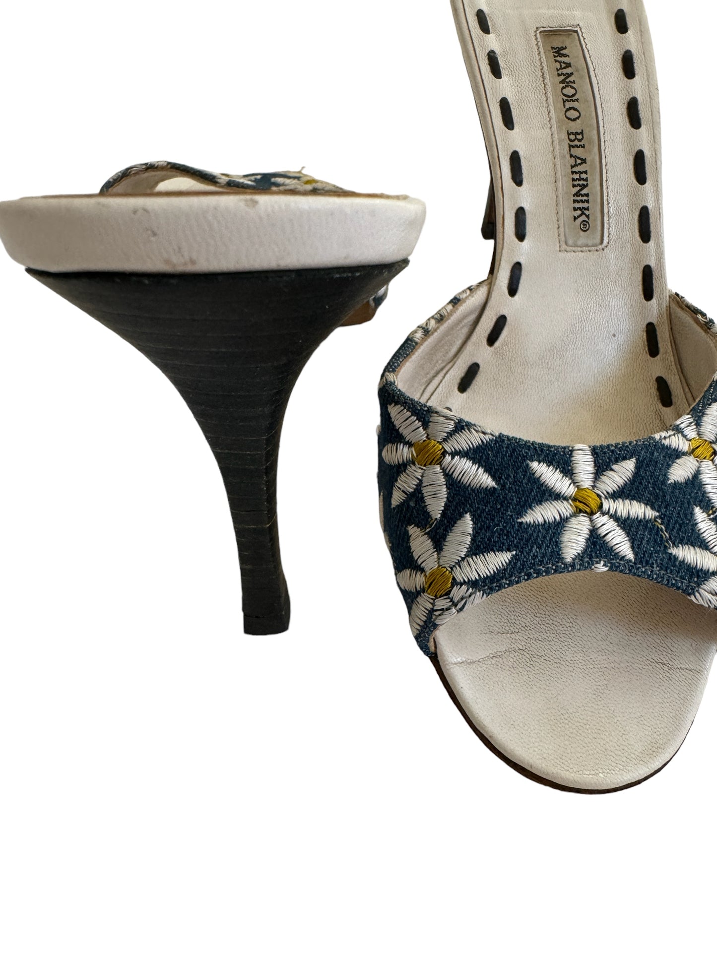 MANOLO BLAHNIK DENIM DAISY HEELS