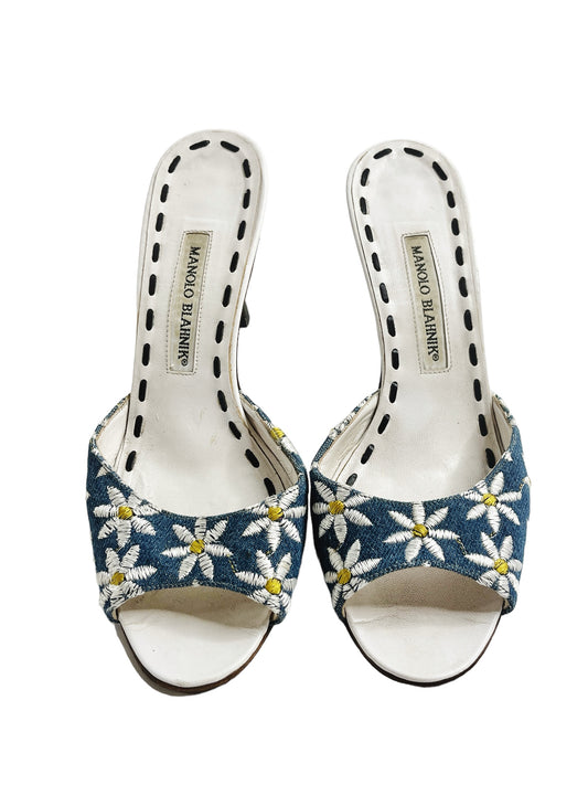 MANOLO BLAHNIK DENIM DAISY HEELS