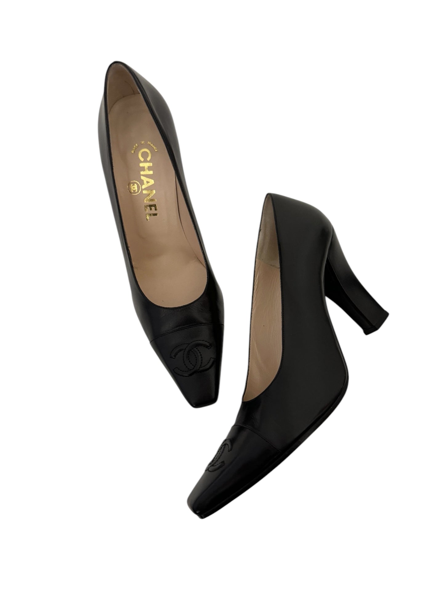 CHANEL BLACK LOGO BLOCK HEELS IT 40