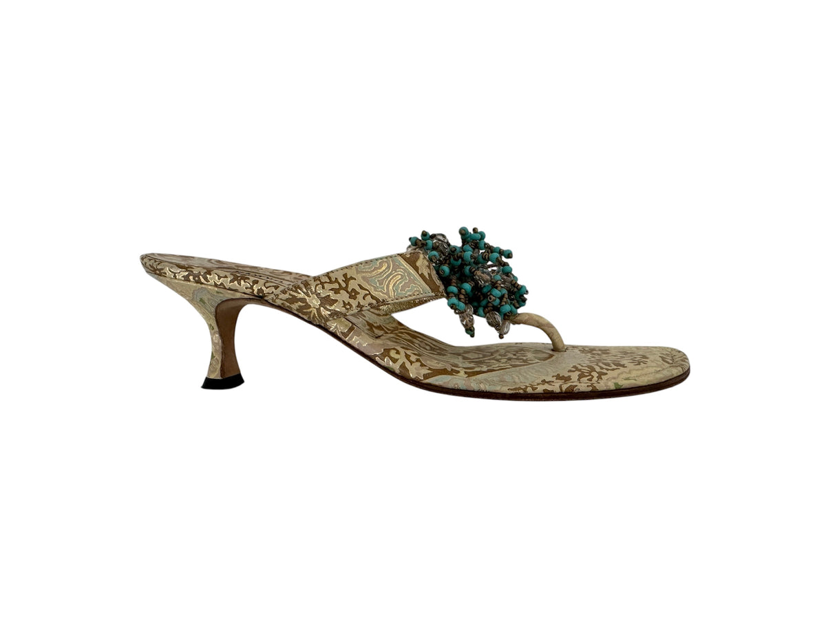 MANOLO BLAHNIK GOLD & TURQUOISE BEADED HEELS IT 36