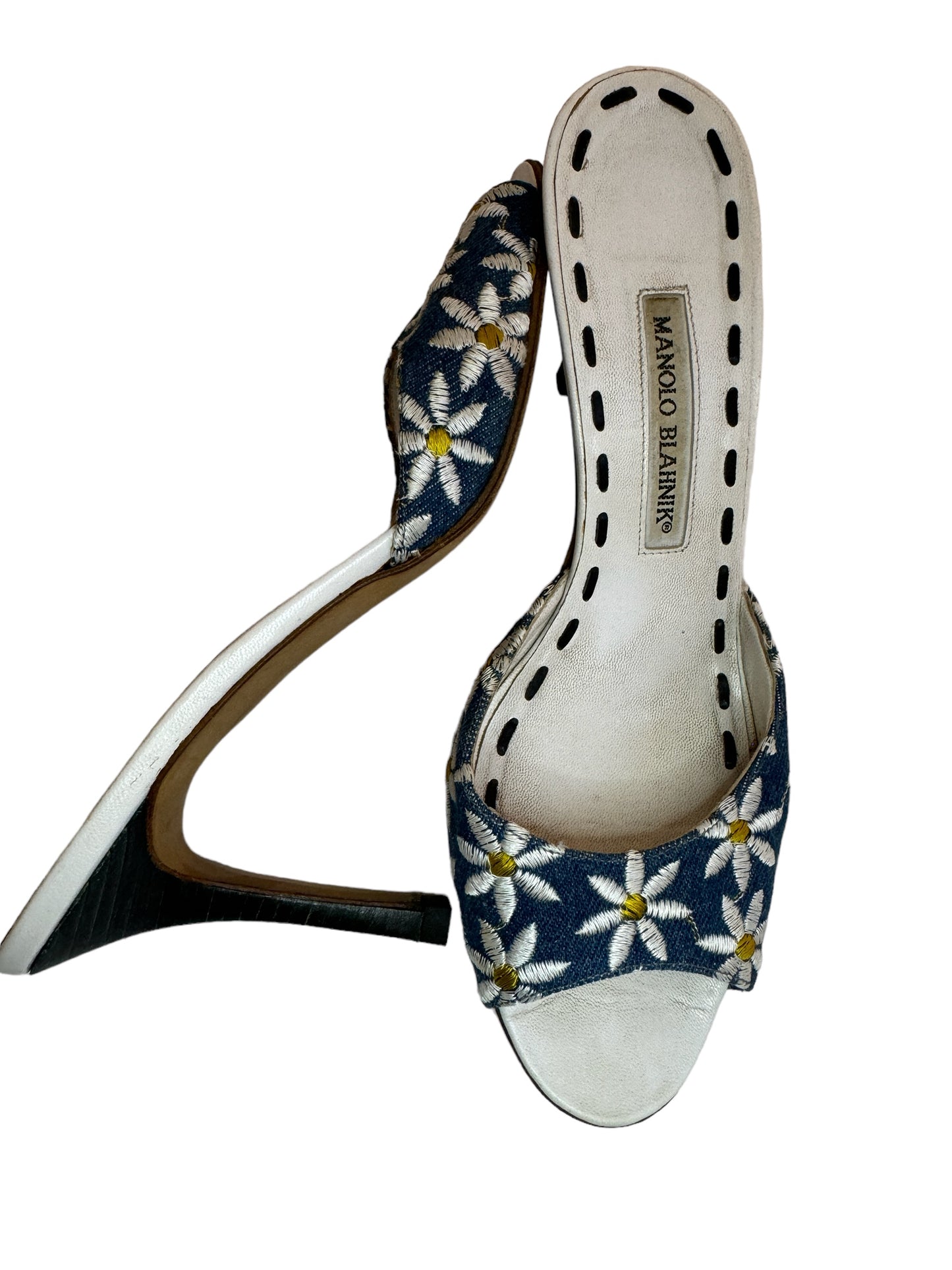 MANOLO BLAHNIK DENIM DAISY HEELS