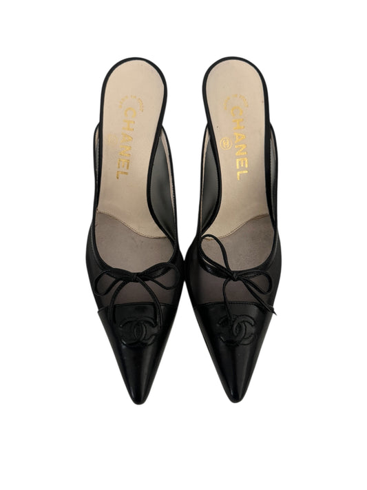 CHANEL “CC” Black MESH MULE HEELS IT 37