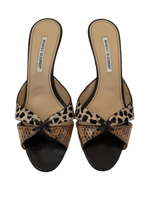 MANOLO BLAHNIK PONYHAIR ANIMAL PRINT SLIDES IT 40.5