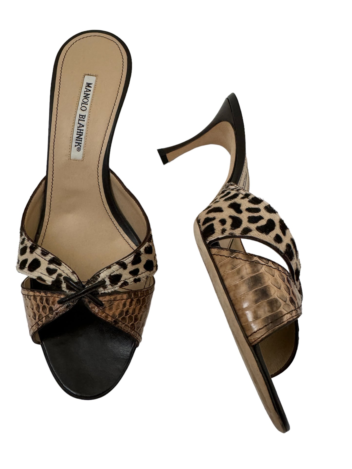 MANOLO BLAHNIK PONYHAIR ANIMAL PRINT SLIDES IT 40.5