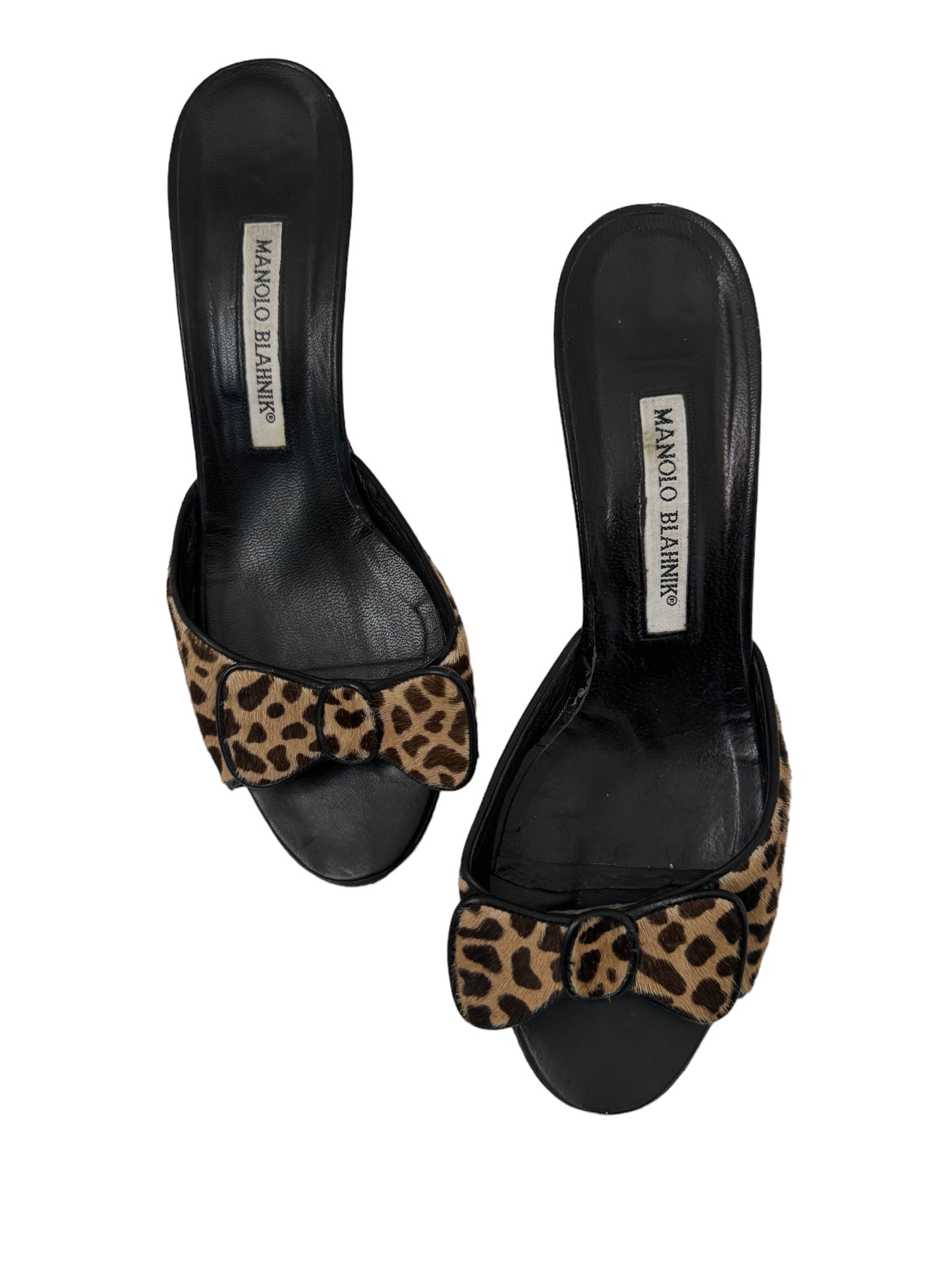 MANOLO BLAHNIK LEOPARD BOW SLIDES IT 37.5