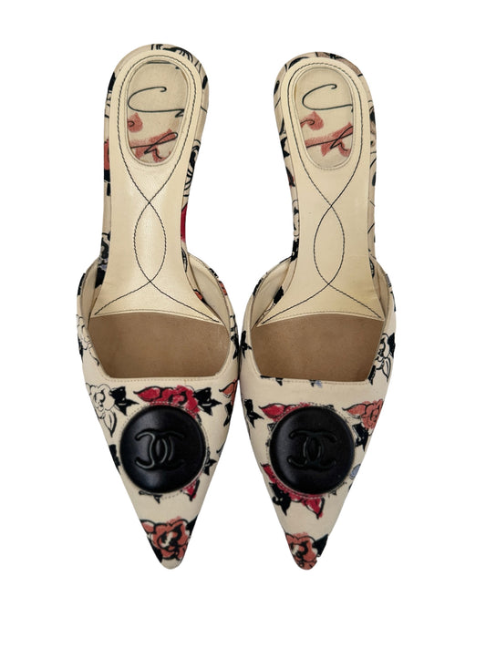 CHANEL FABRIC CC FLOWER MULES HEELS IT 37.5