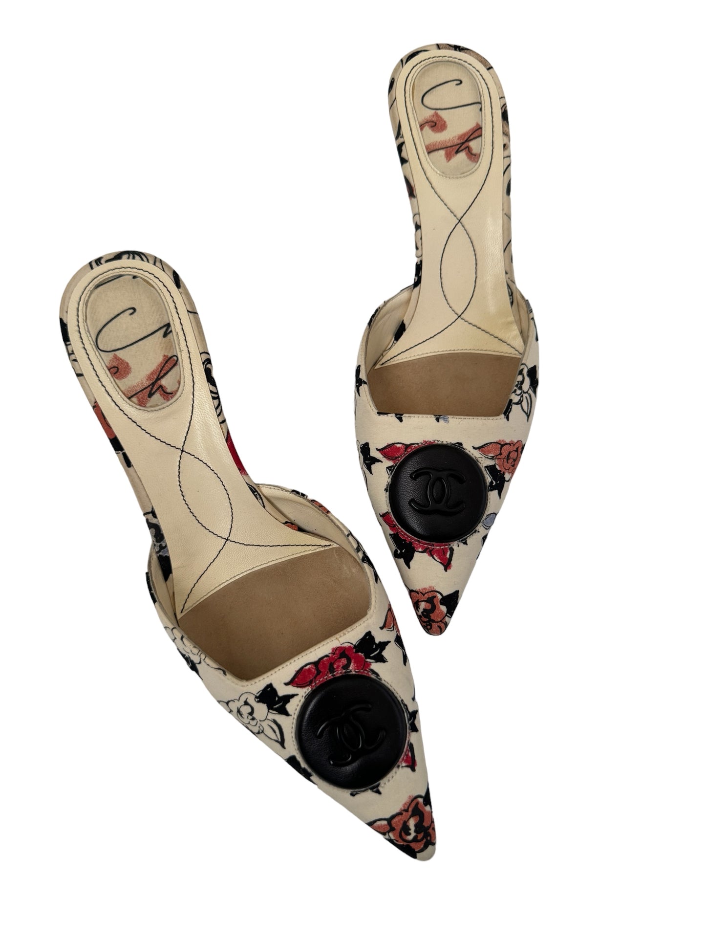 CHANEL FABRIC CC FLOWER MULES HEELS IT 37.5