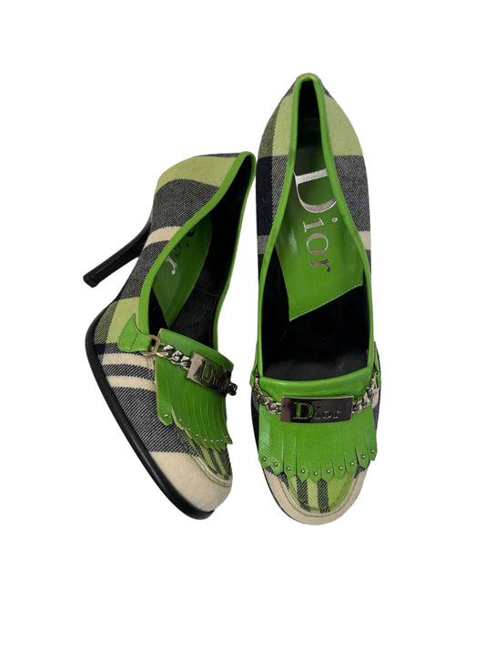 DIOR GREEN PLAID LOGO HEELS IT 36