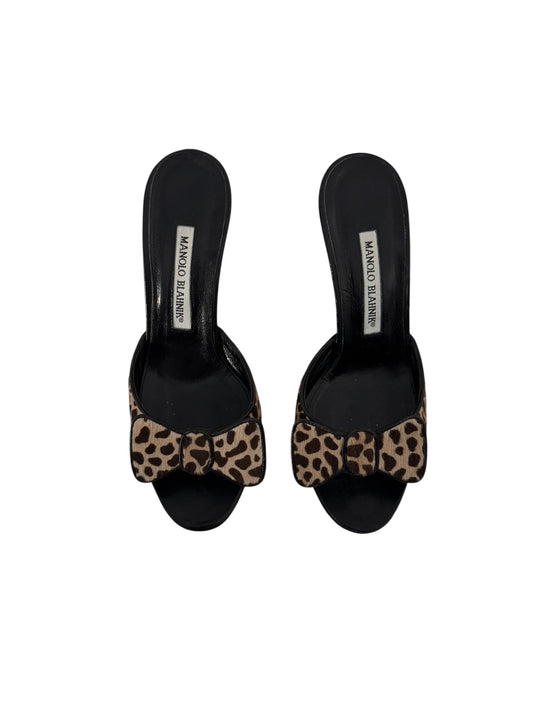 MANOLO BLAHNIK LEOPARD BOW SLIDES IT 36.5