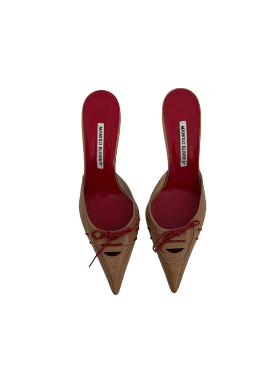 MANOLO BLAHNIK TAN & RED LEATHER HEELS IT 38.5