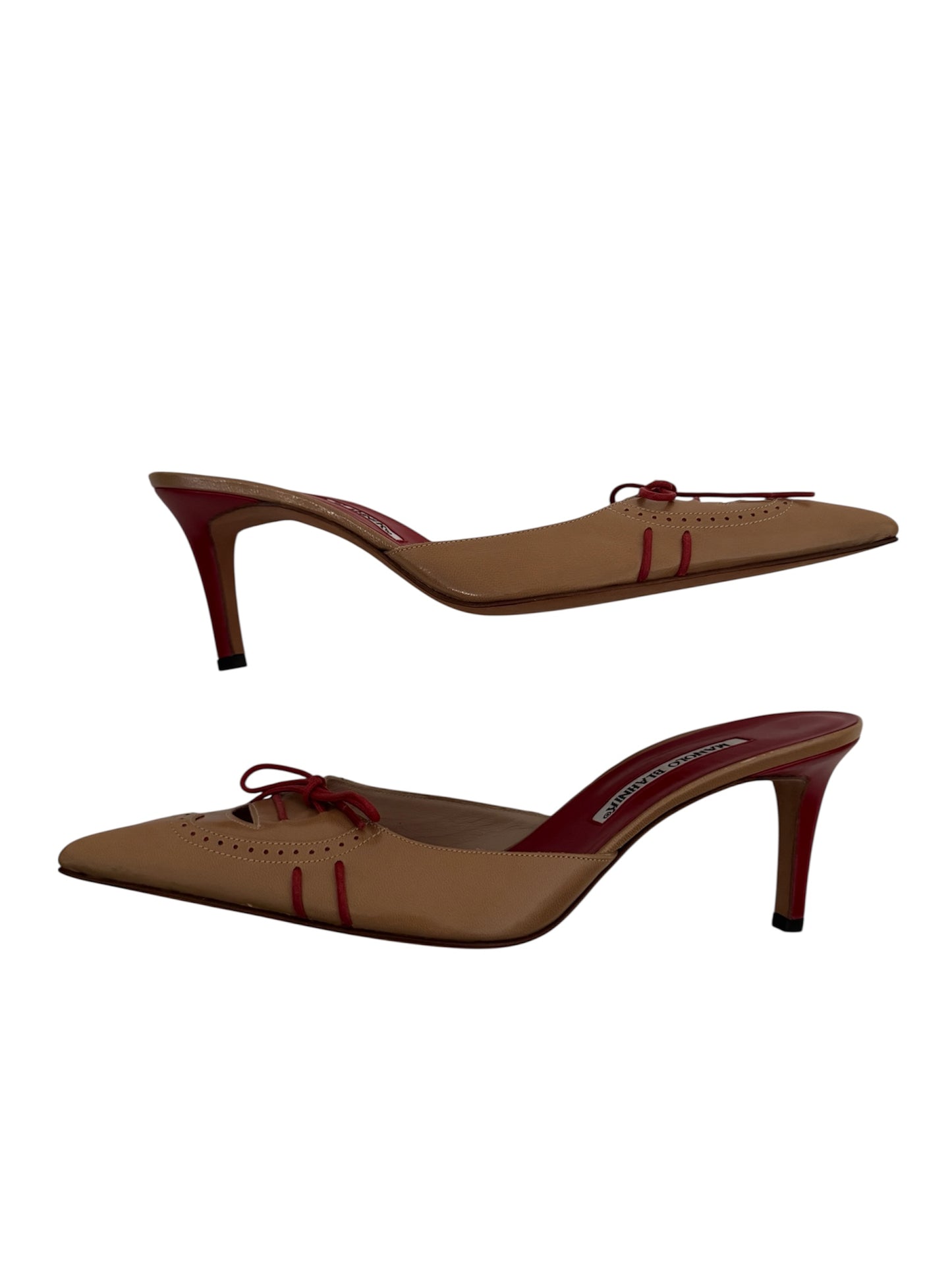 MANOLO BLAHNIK TAN & RED LEATHER HEELS IT 38.5