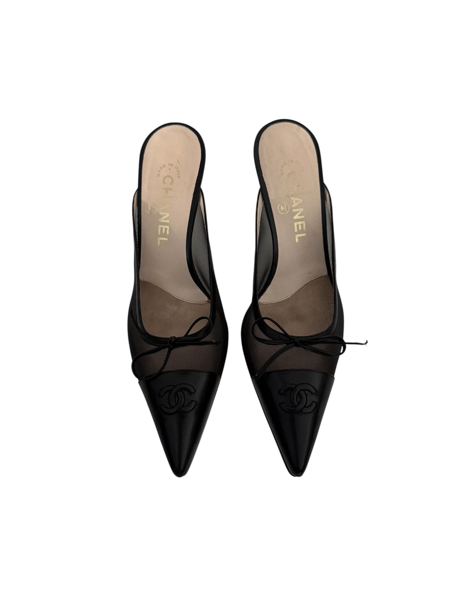 CHANEL “CC” Black MESH MULE HEELS IT 38.5