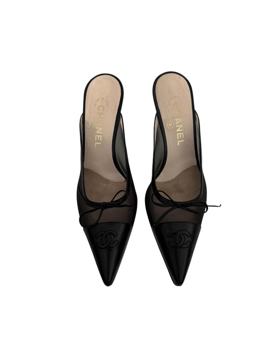 CHANEL “CC” Black MESH MULE HEELS IT 38.5