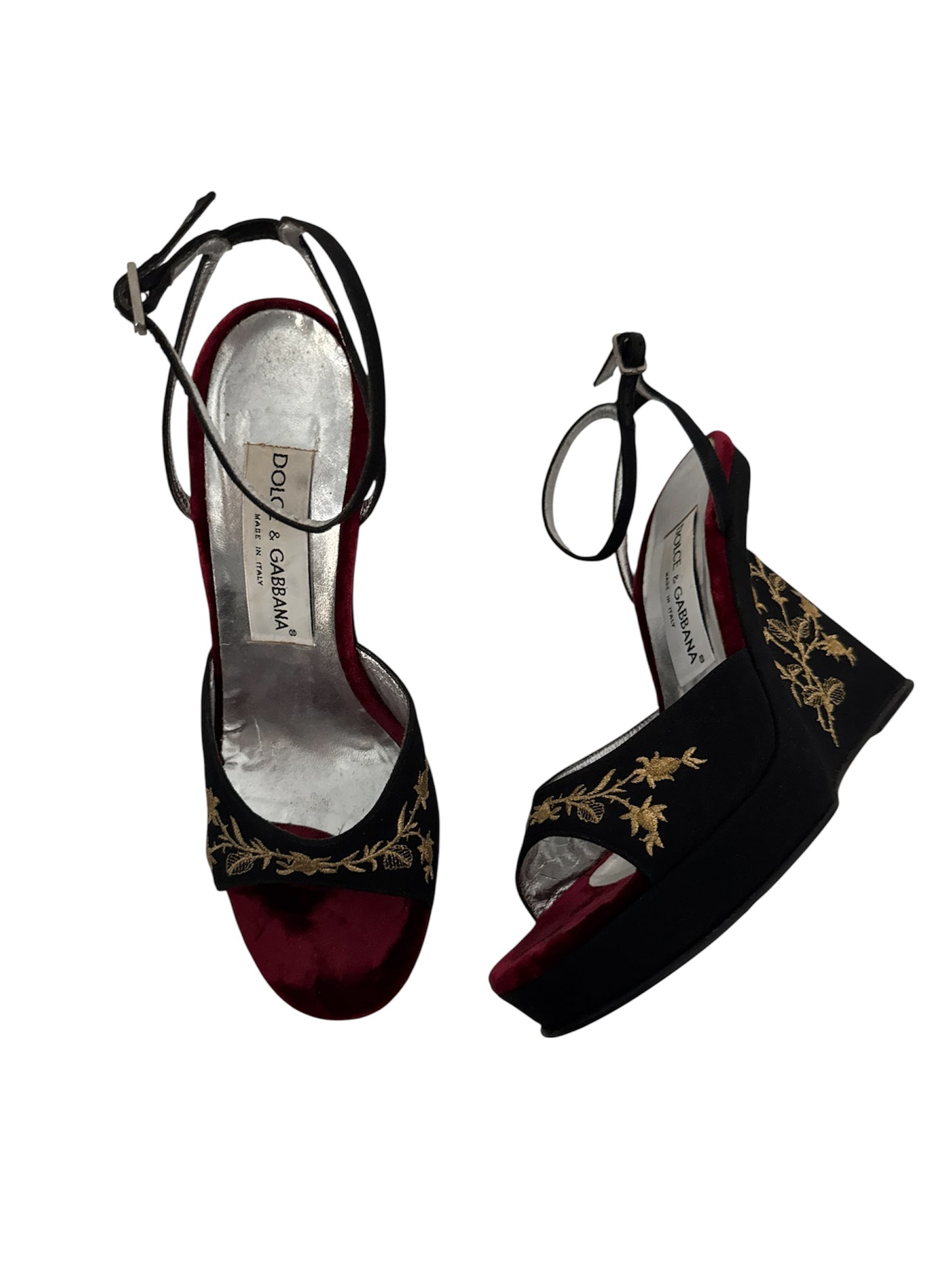 DOLCE GABBANA RUNWAY S/S 1998 SILK AND VELVET EMBROIDERED WEDGES IT 36