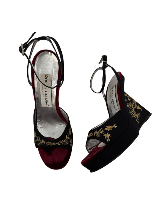 DOLCE GABBANA RUNWAY S/S 1998 SILK AND VELVET EMBROIDERED WEDGES IT 36