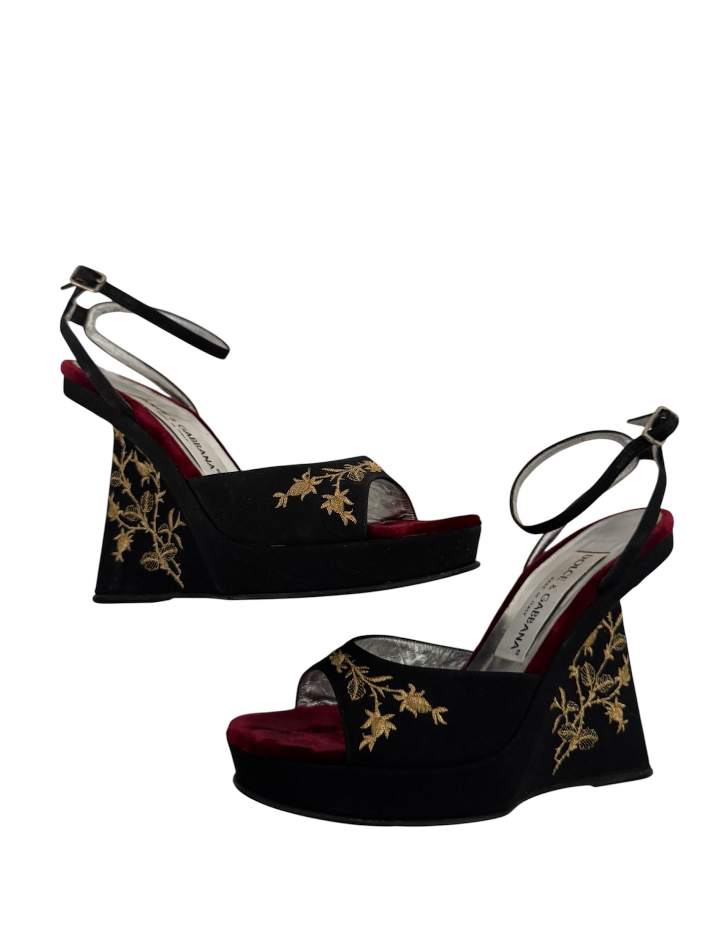 DOLCE GABBANA RUNWAY S/S 1998 SILK AND VELVET EMBROIDERED WEDGES IT 36