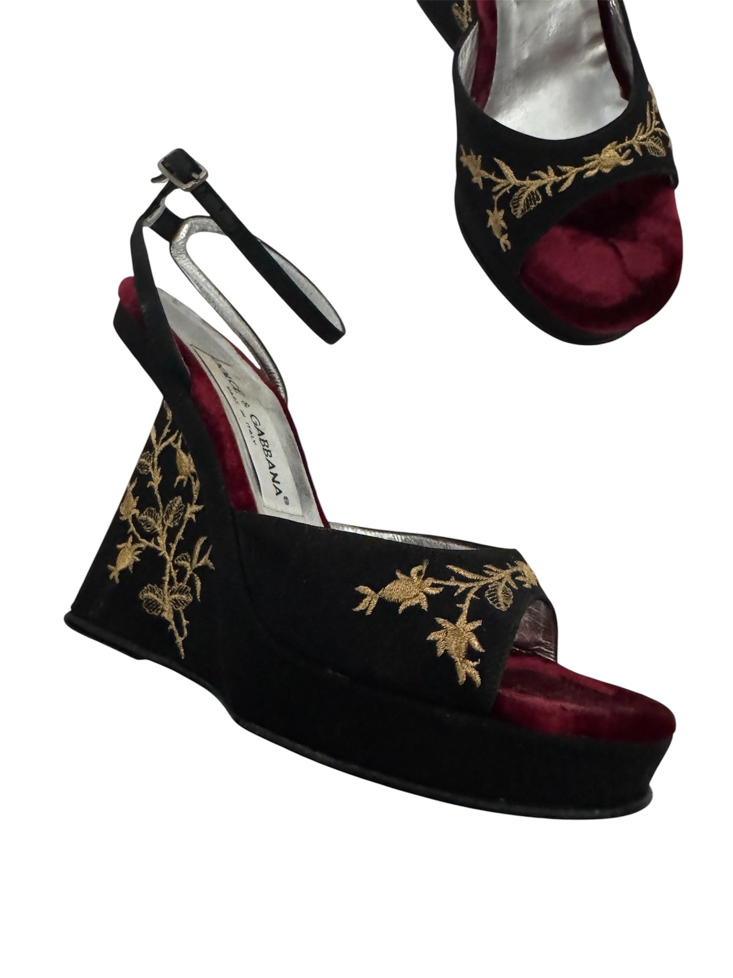DOLCE GABBANA RUNWAY S/S 1998 SILK AND VELVET EMBROIDERED WEDGES IT 36