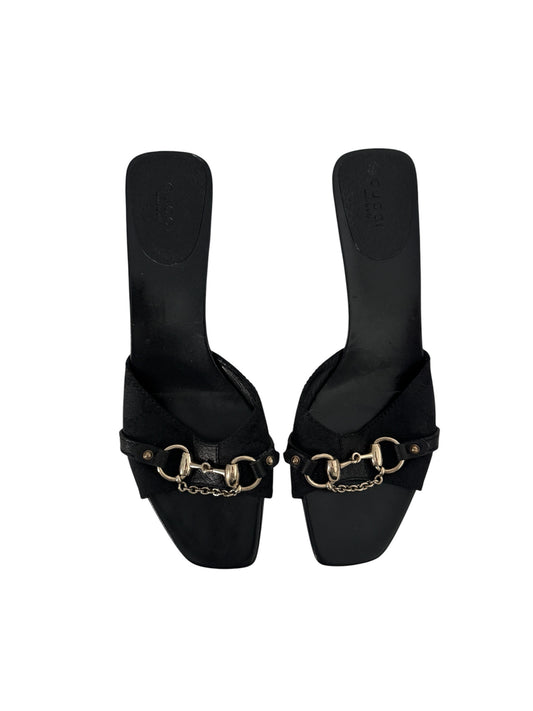 GUCCI BLACK MONOGRAM HEELS WITH HORSE BIT CHAIN 9.5