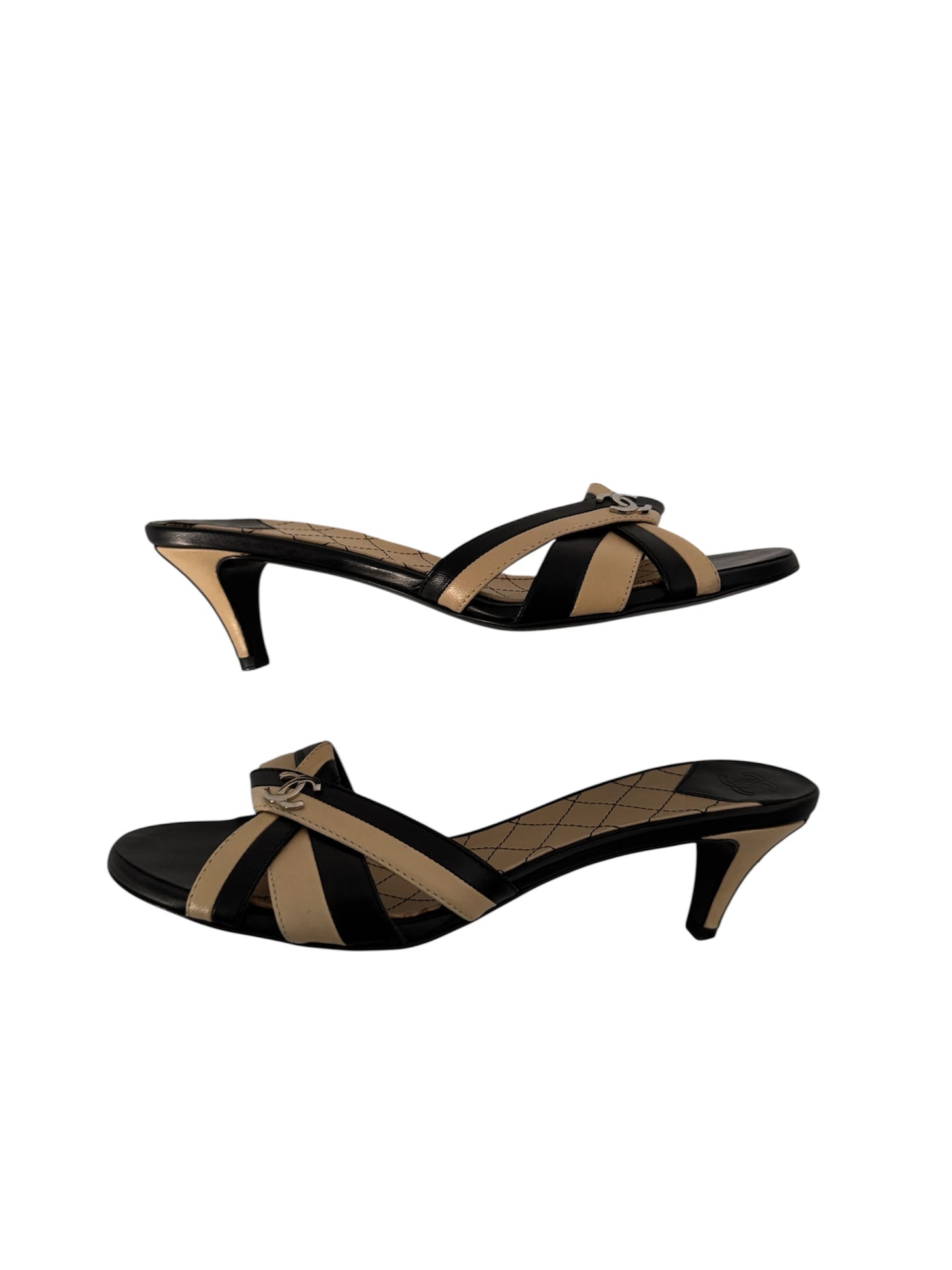CHANEL BLACK AND NUDE CROSS-STRAP KITTEN HEELS IT 36.5