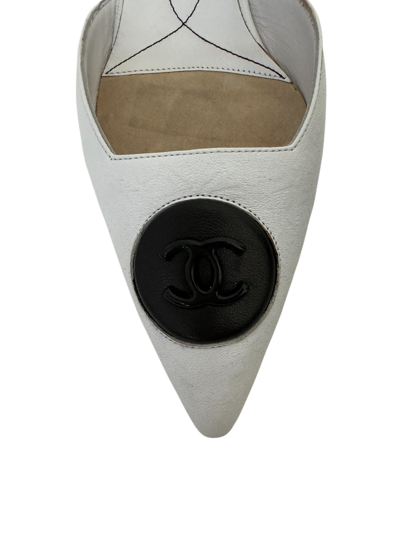 CHANEL WHITE AND BLACK CC LOGO MULES IT 36